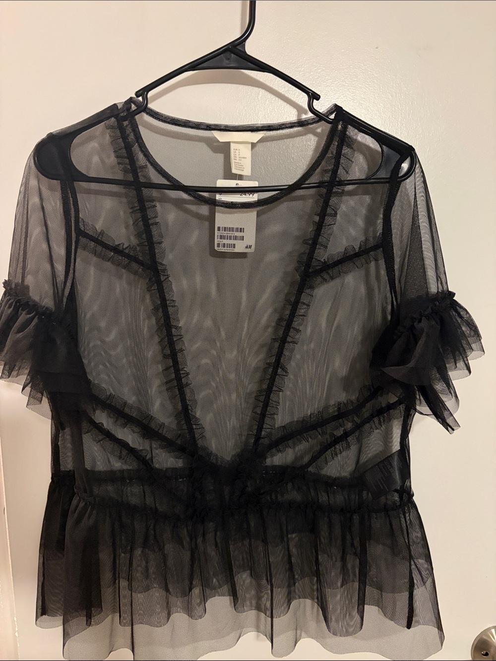 H&M Black Sheer Ruffle Mesh Blouse